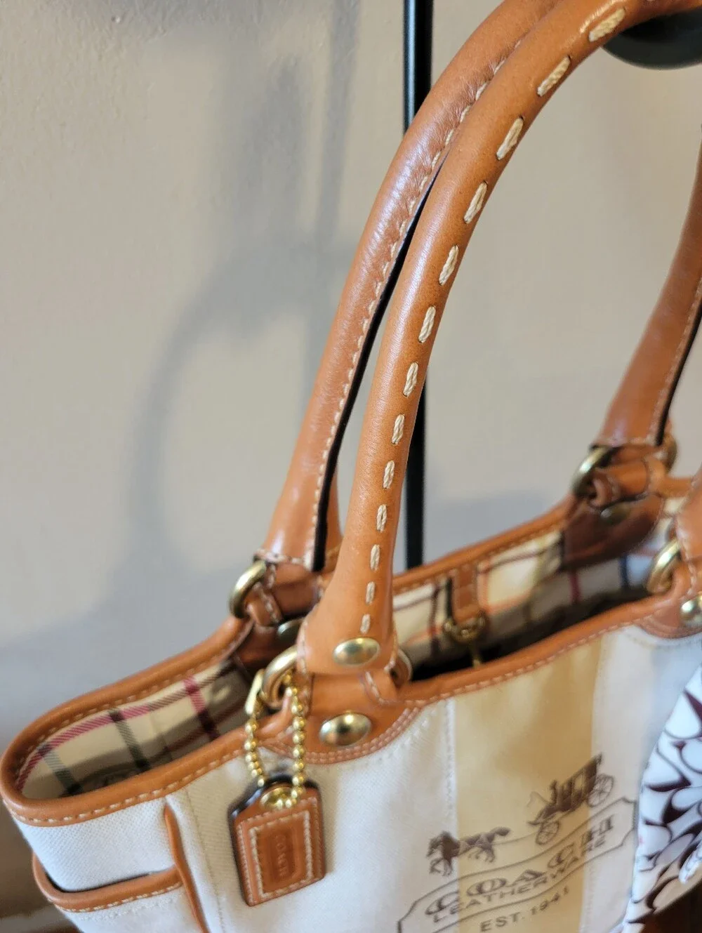 Coach Tattersal Silk Lining Leatherware Canvas Tote Bag in Beige with Tan Trim